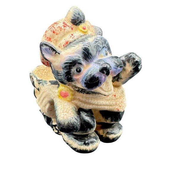 Vintage Ceramic Dog With Hat & Pouch Decor Hand-Painted Crackle Glaze - Picture 1 of 6